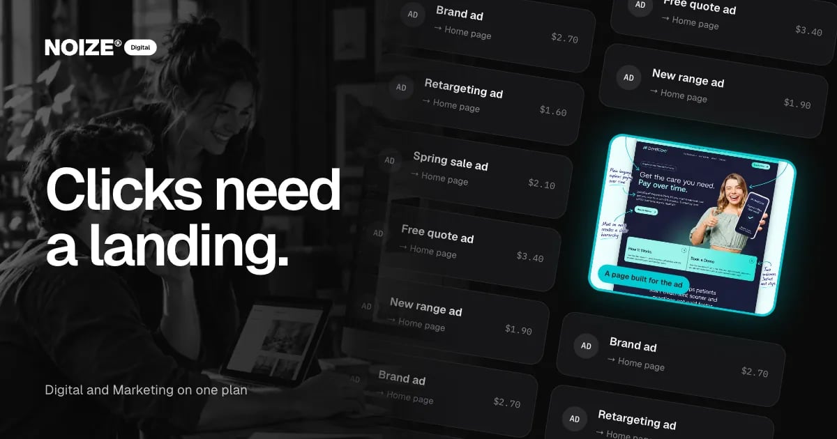 A wall of ads all pointing to the home page with one full-colour DentiCare landing page lit up.